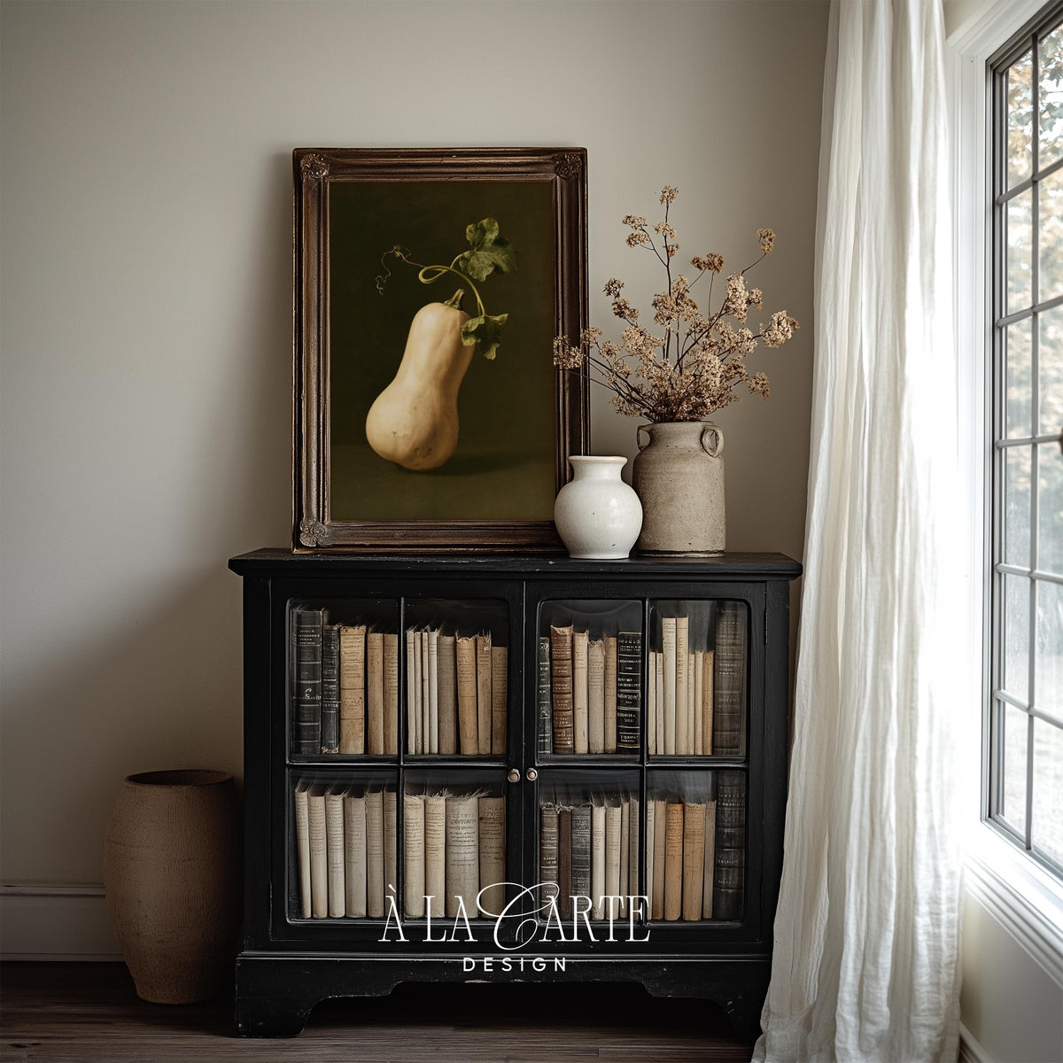 Fall vegetable poster for farmhouse decor — dark academia aesthetic with muted earthy tones and soft brushwork