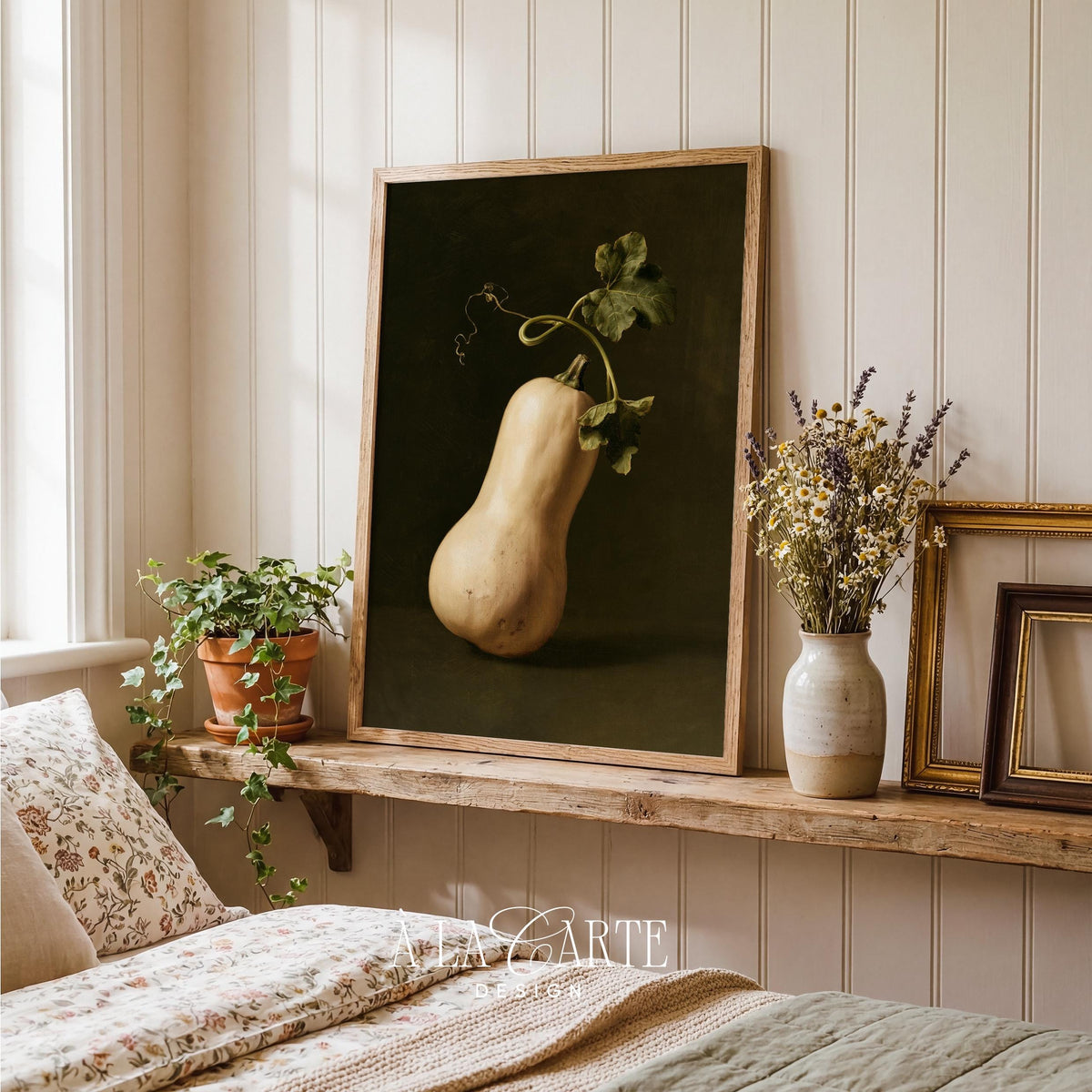 Butternut squash painting printable art for kitchen — vintage still life with moody dark backdrop and rustic charm