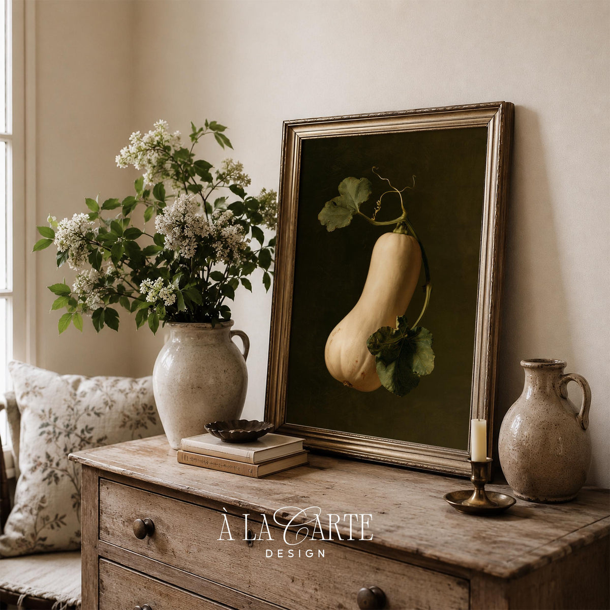 Vintage harvest still-life wall art — squash illustration with curling vines for farmhouse kitchen gallery