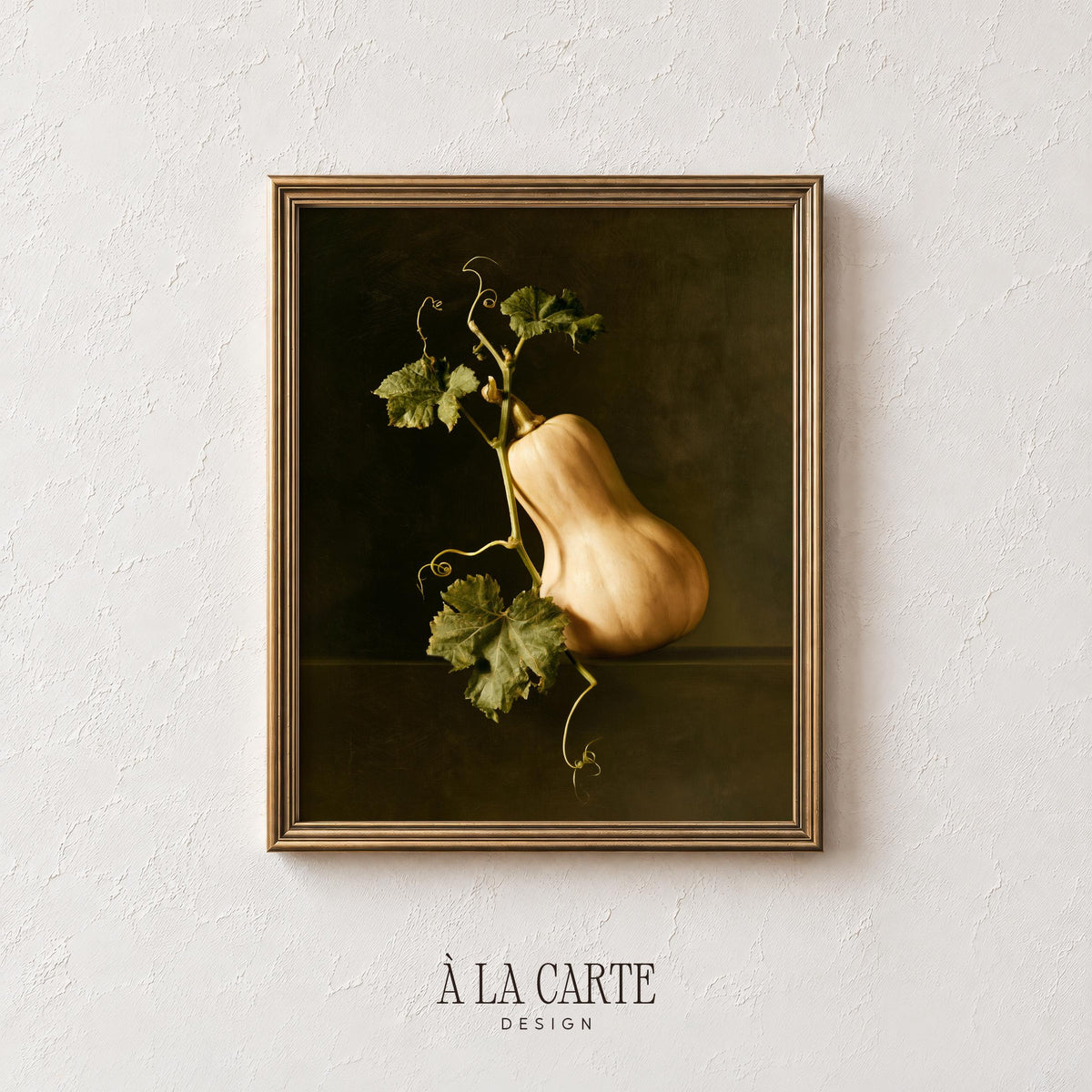 Rustic butternut still life poster for gallery wall — rich warm tones with vintage oil painting technique and shadowed setting