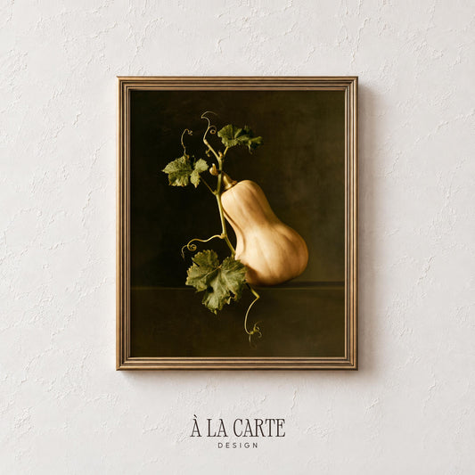 Rustic butternut still life poster for gallery wall — rich warm tones with vintage oil painting technique and shadowed setting