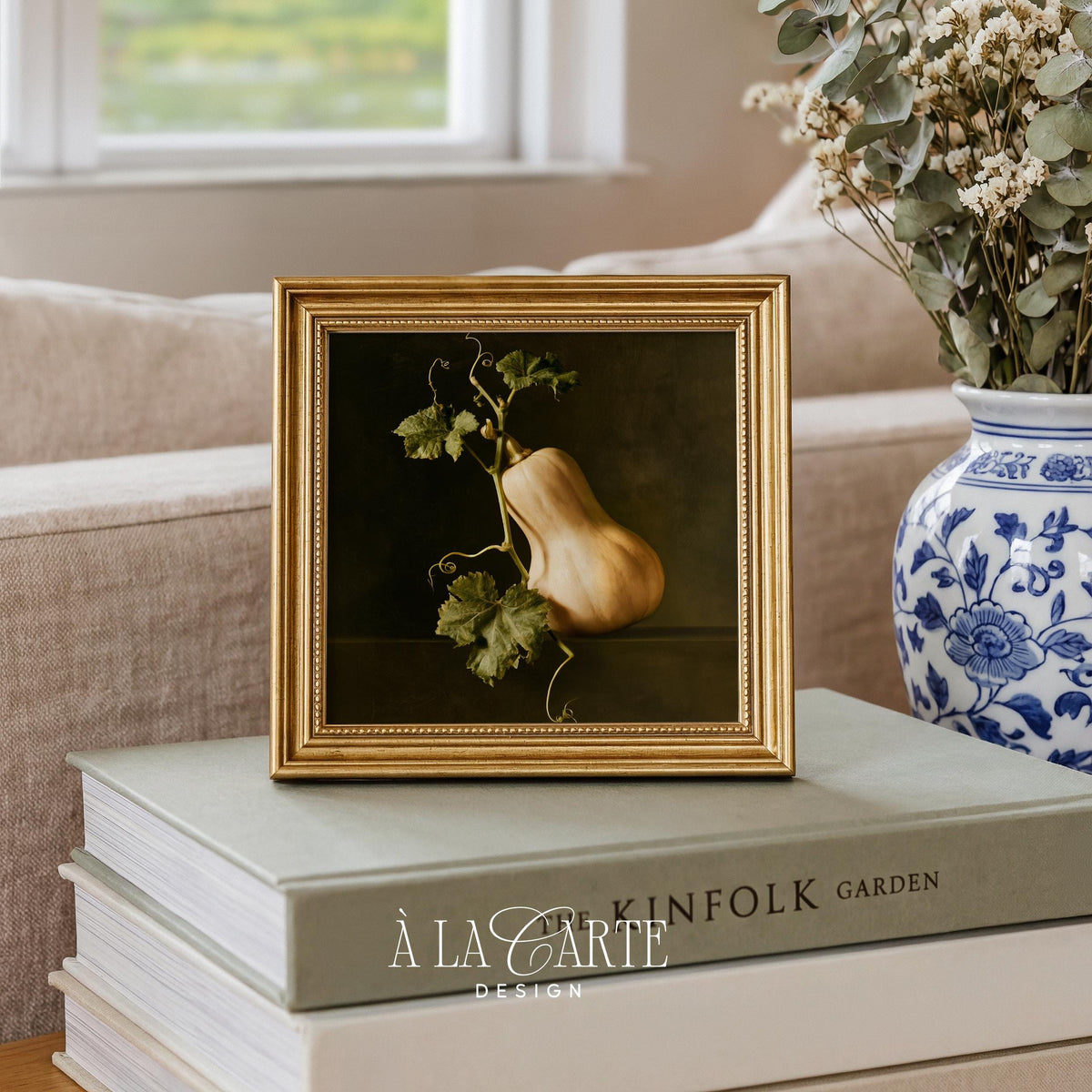 Rustic botanical printable art for entryway — moody squash study with curled vines in deep, atmospheric vintage style