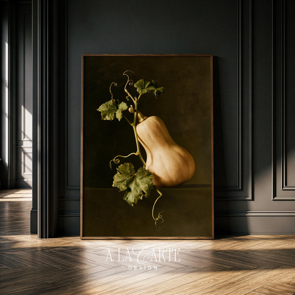 Autumn squash wall art featuring rustic farmhouse aesthetic and dramatic dark background with rich oil painting style