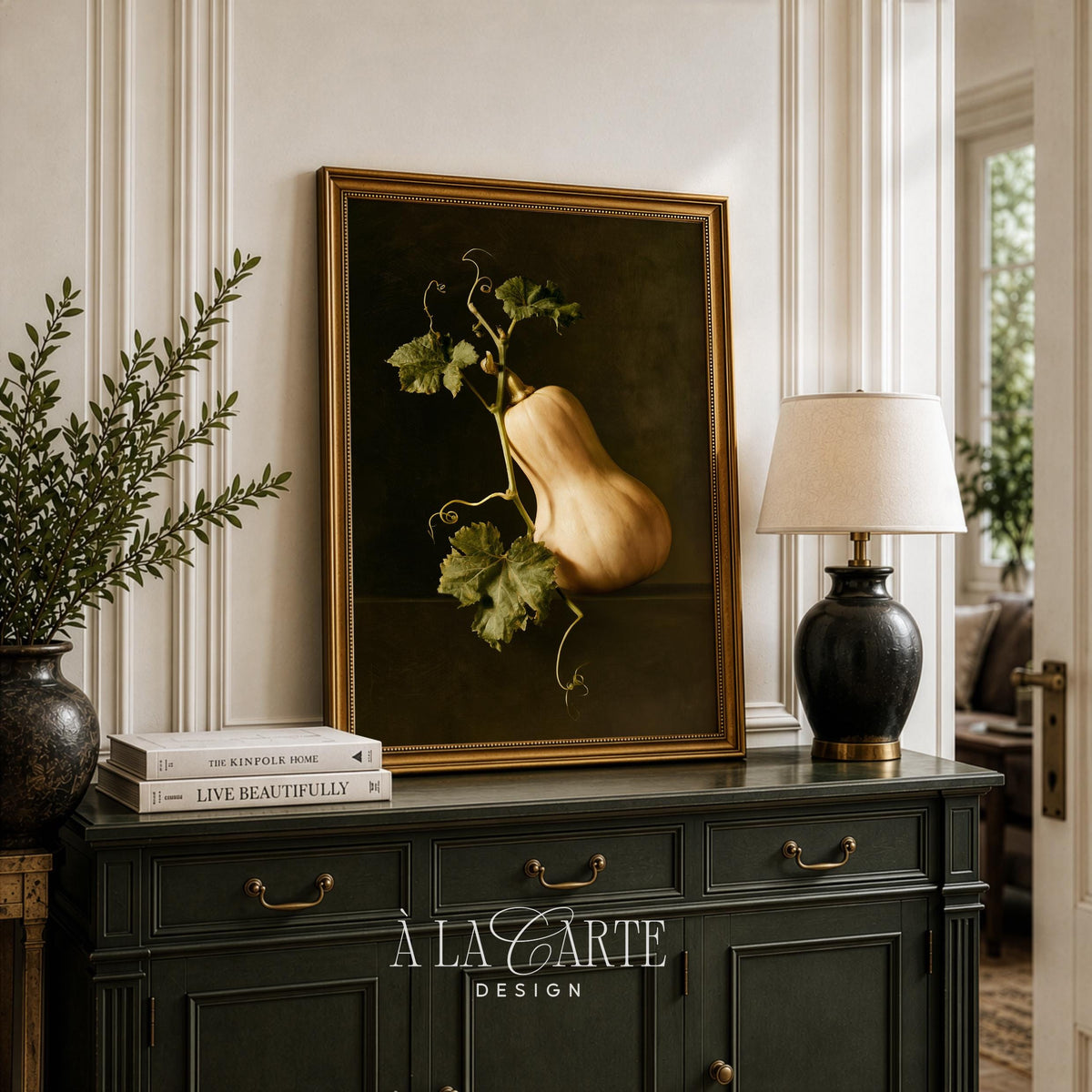 Vintage produce wall art for farmhouse gallery wall — oil painting style autumn squash with romantic shadowy ambiance