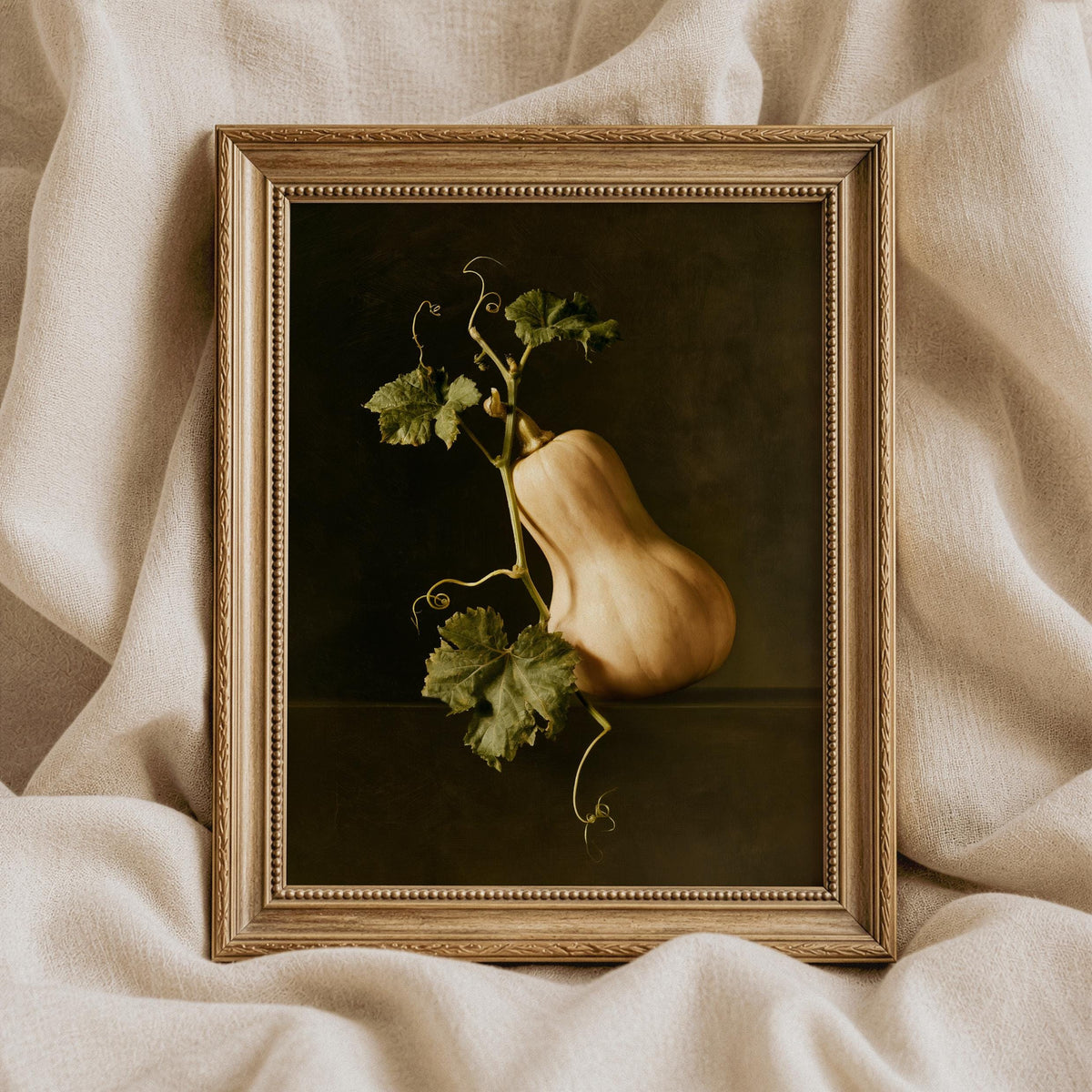 Moody farmhouse botanical art printable — vintage squash and vine composition with rich tones and old-world atmospheric charm