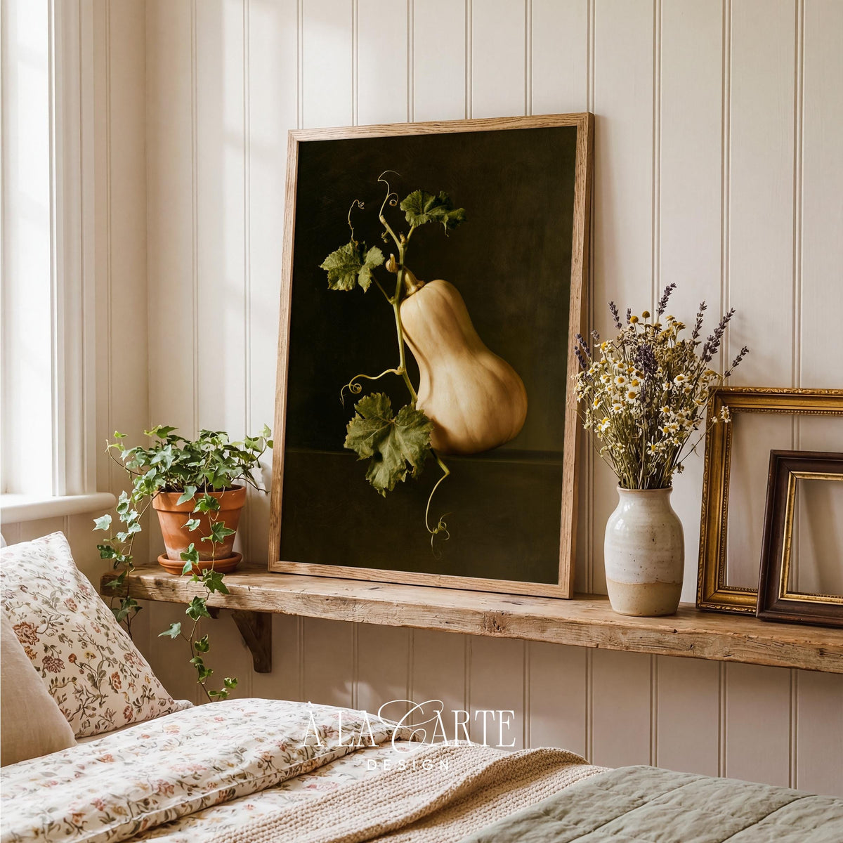 Heritage vegetable oil painting wall art — butternut and foliage digital print with cozy autumnal harvest mood