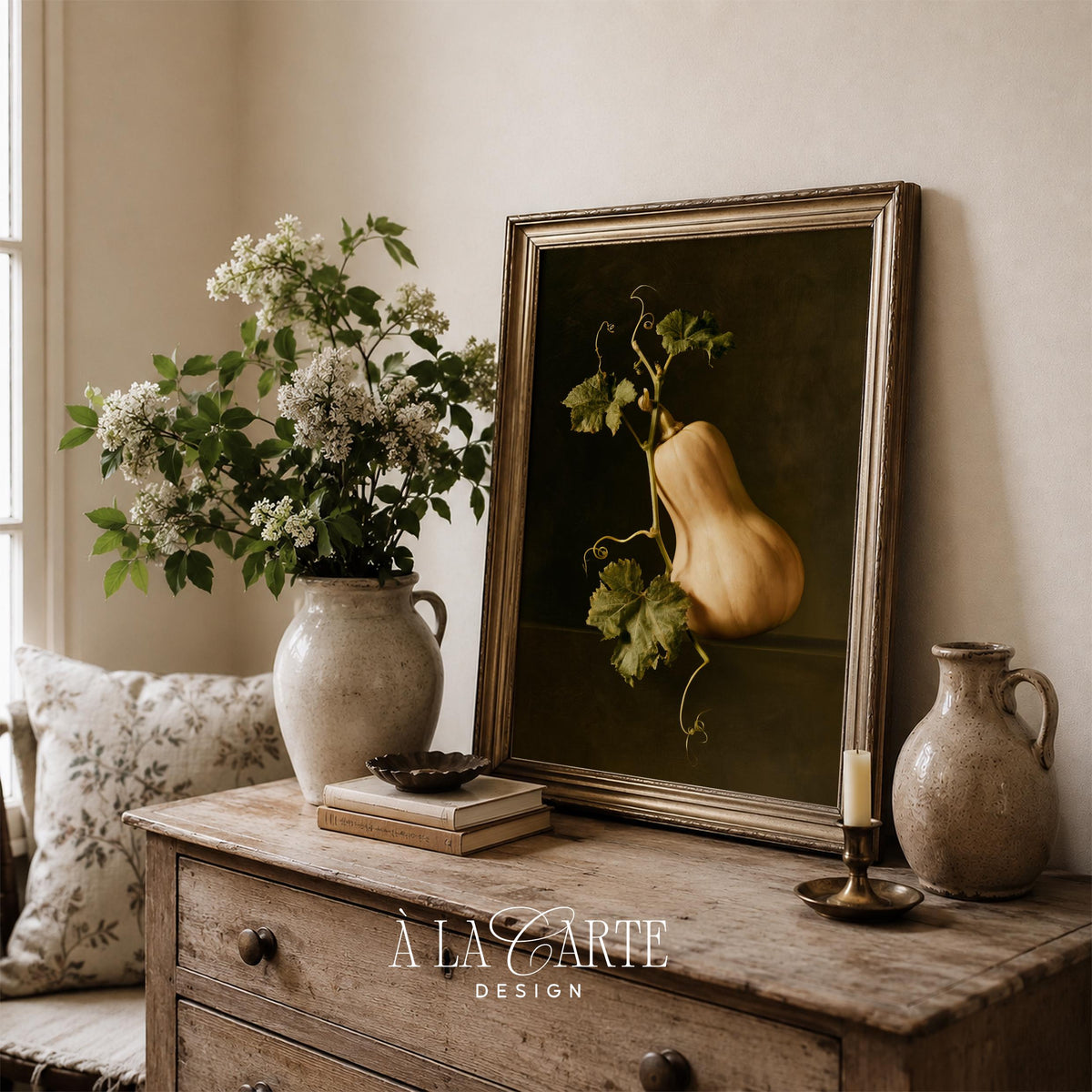 Vintage butternut squash printable art for kitchen — moody still life painting with curling vine and golden harvest tones