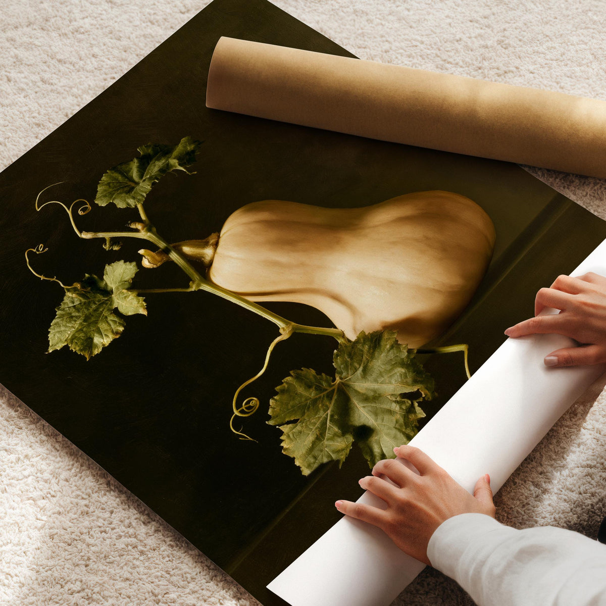 Farmhouse kitchen wall art poster — vintage harvest composition with warm butternut tones and dramatic classical lighting