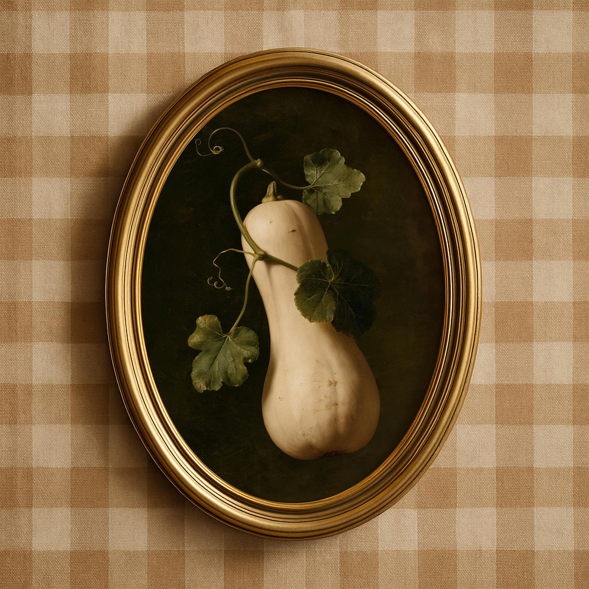 Vintage produce artwork instant download — butternut with curving botanical elements on deep background