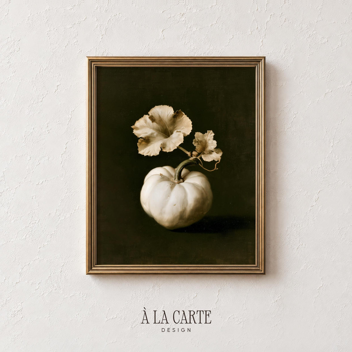 Vintage harvest wall art for living room — pale squash with curled stem, quiet classical aesthetic