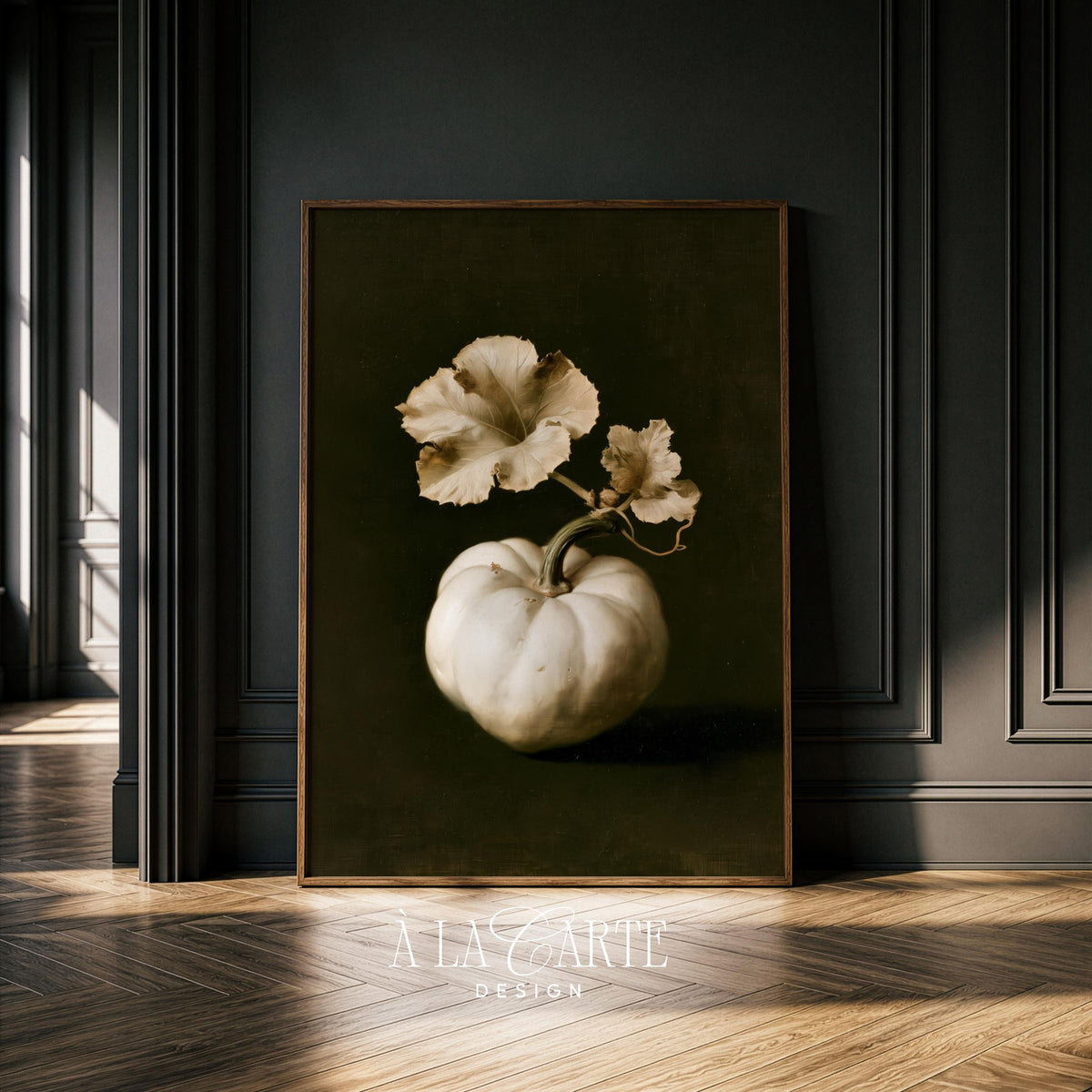 Farmhouse autumn picture print — sophisticated gourd still life with aged texture and dark moody setting