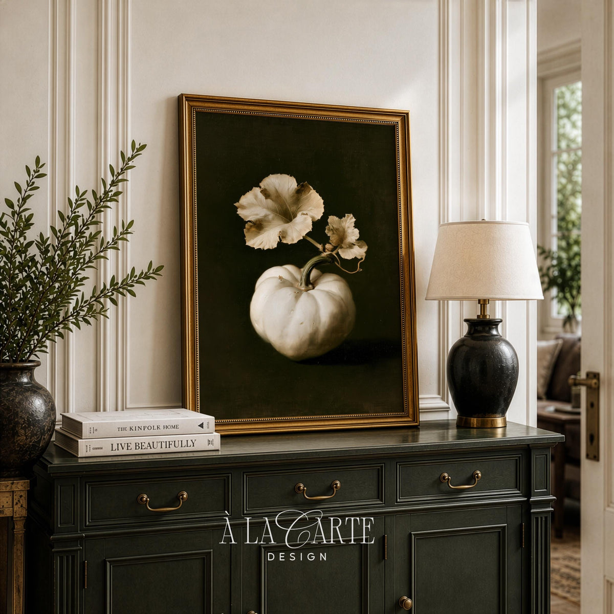 Classic autumn painting printable — cream squash with twisting stem, vintage botanical illustration style