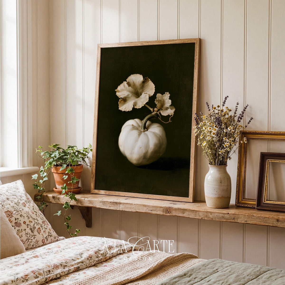 White squash wall art for farmhouse — rustic harvest painting with weathered foliage and gold accents
