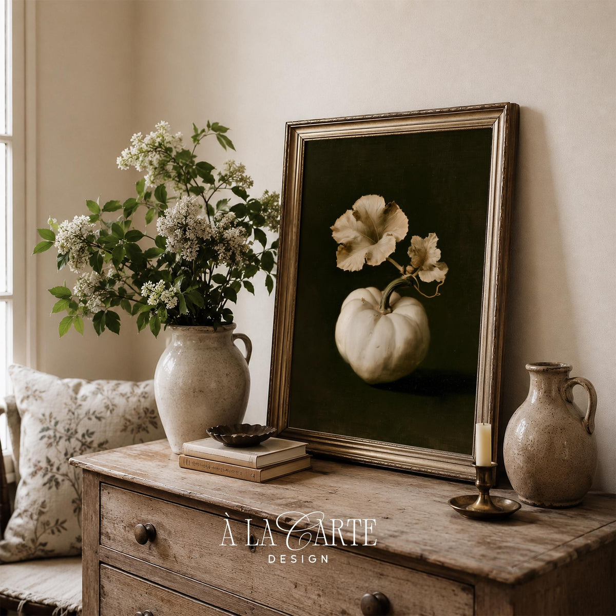 Moody seasonal wall print for office — muted cream squash with twisted foliage, elegant farmhouse style