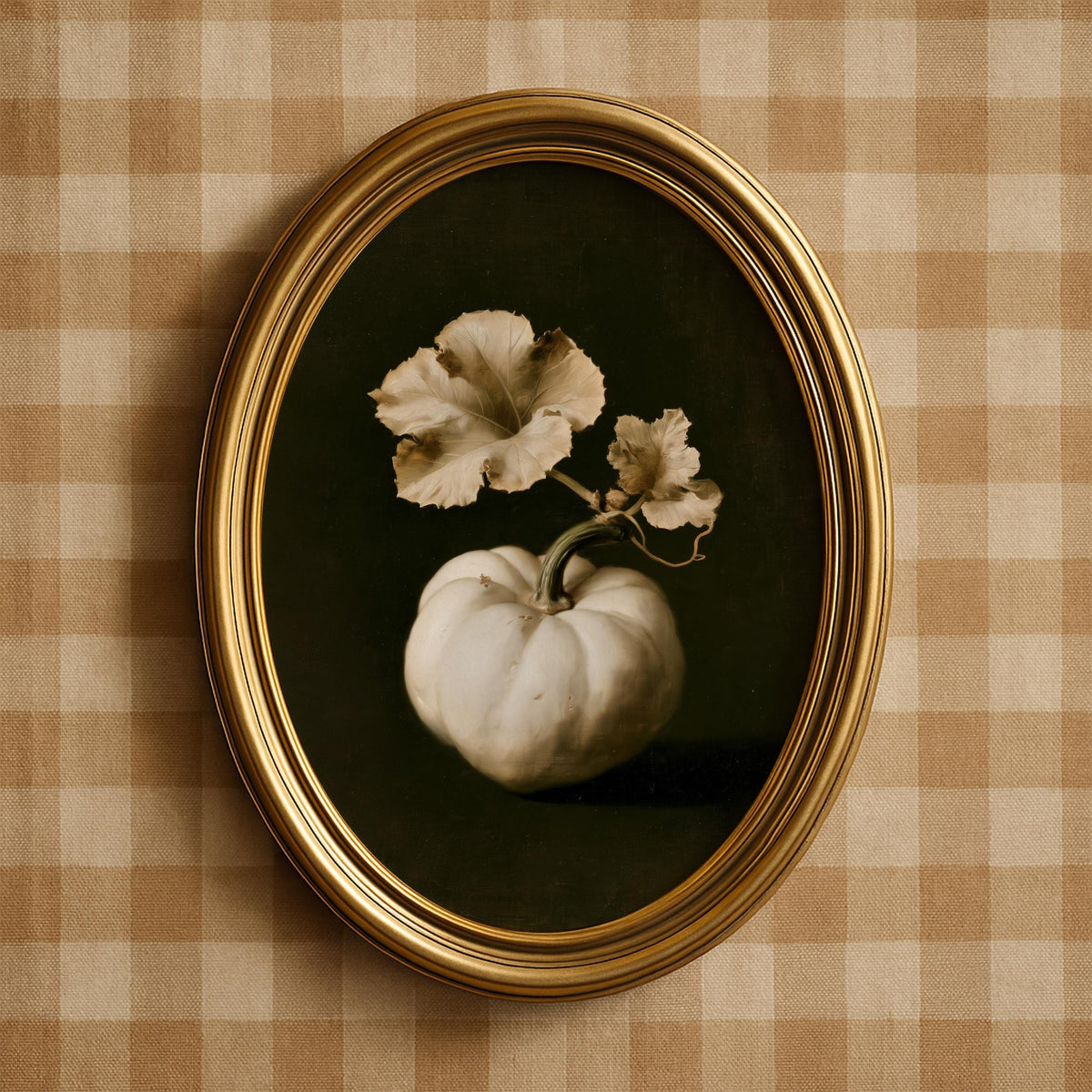 Rustic harvest digital artwork for entryway — weathered gourd with golden-brown foliage on black