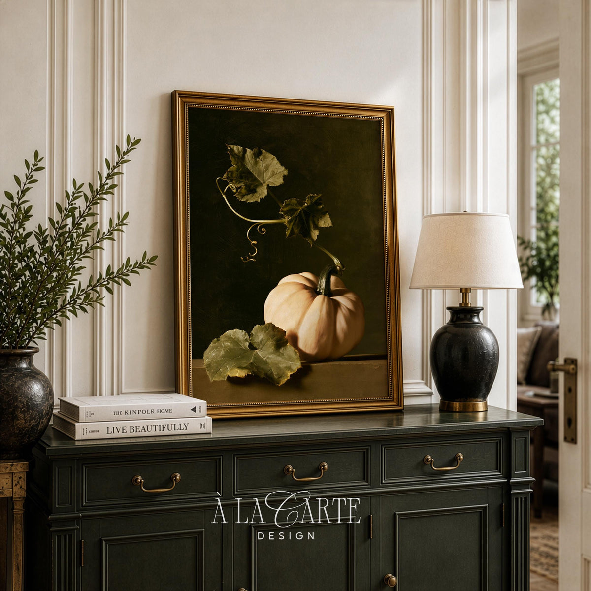 Vintage gourd poster for fall décor — classic still life with weathered foliage on wooden ledge