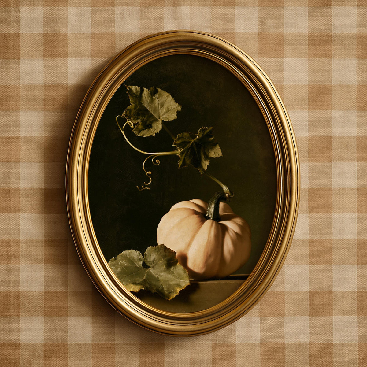 Antique pumpkin poster for cottage core home — pale fruit on ledge with botanical elements and dark setting