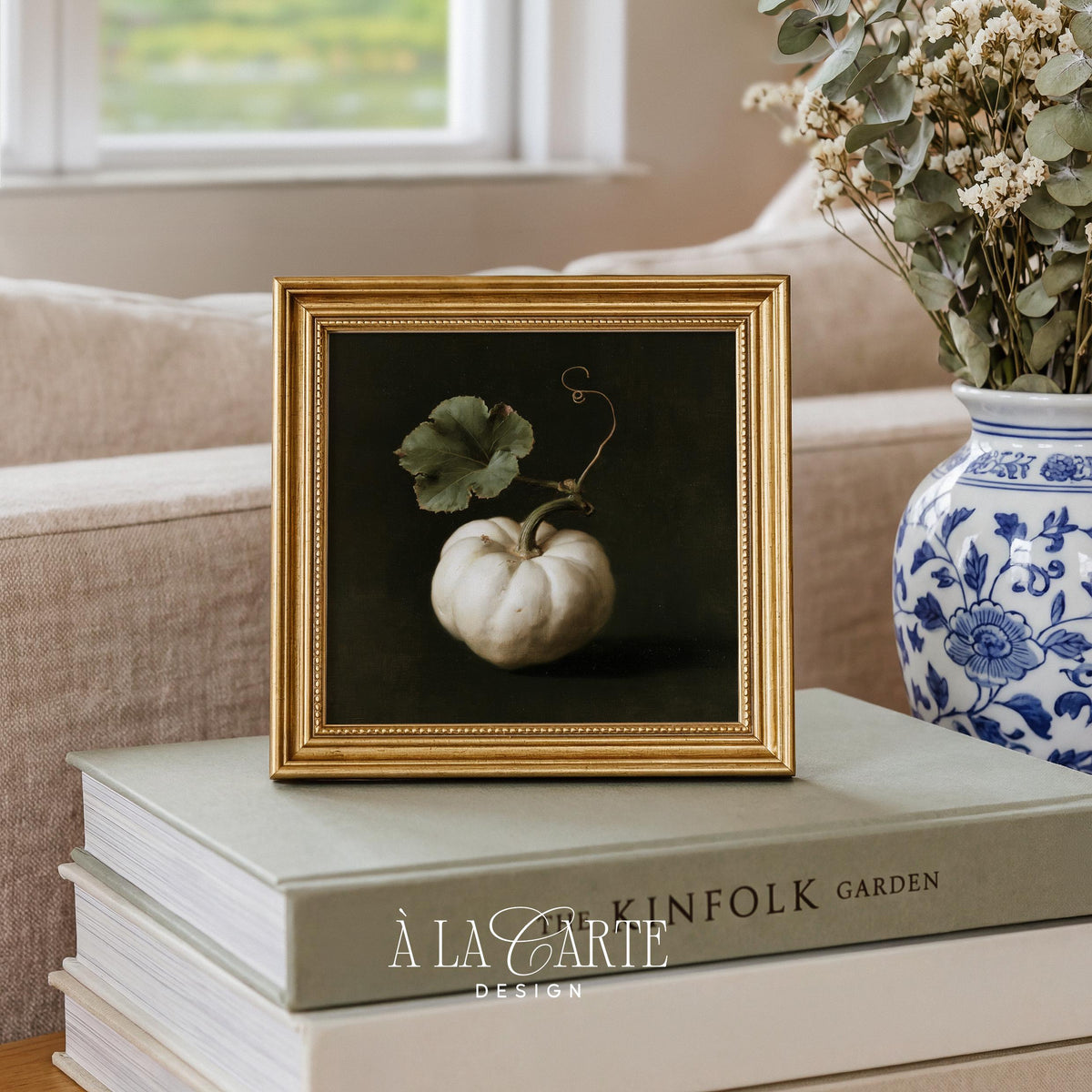 Elegant fall produce digital art for bedroom — vintage style painting featuring gourd with trailing tendril details