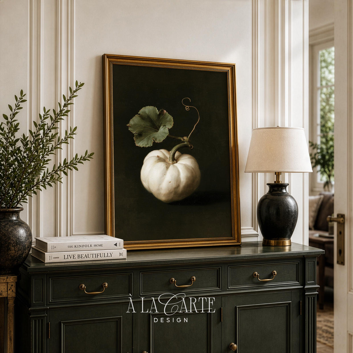 Vintage autumn squash print for gallery wall — dark academia inspired botanical with atmospheric background