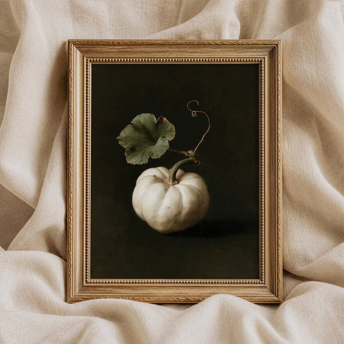 Refined autumn still life printable poster instant download — dark academia inspired pumpkin with elegant atmospheric lighting
