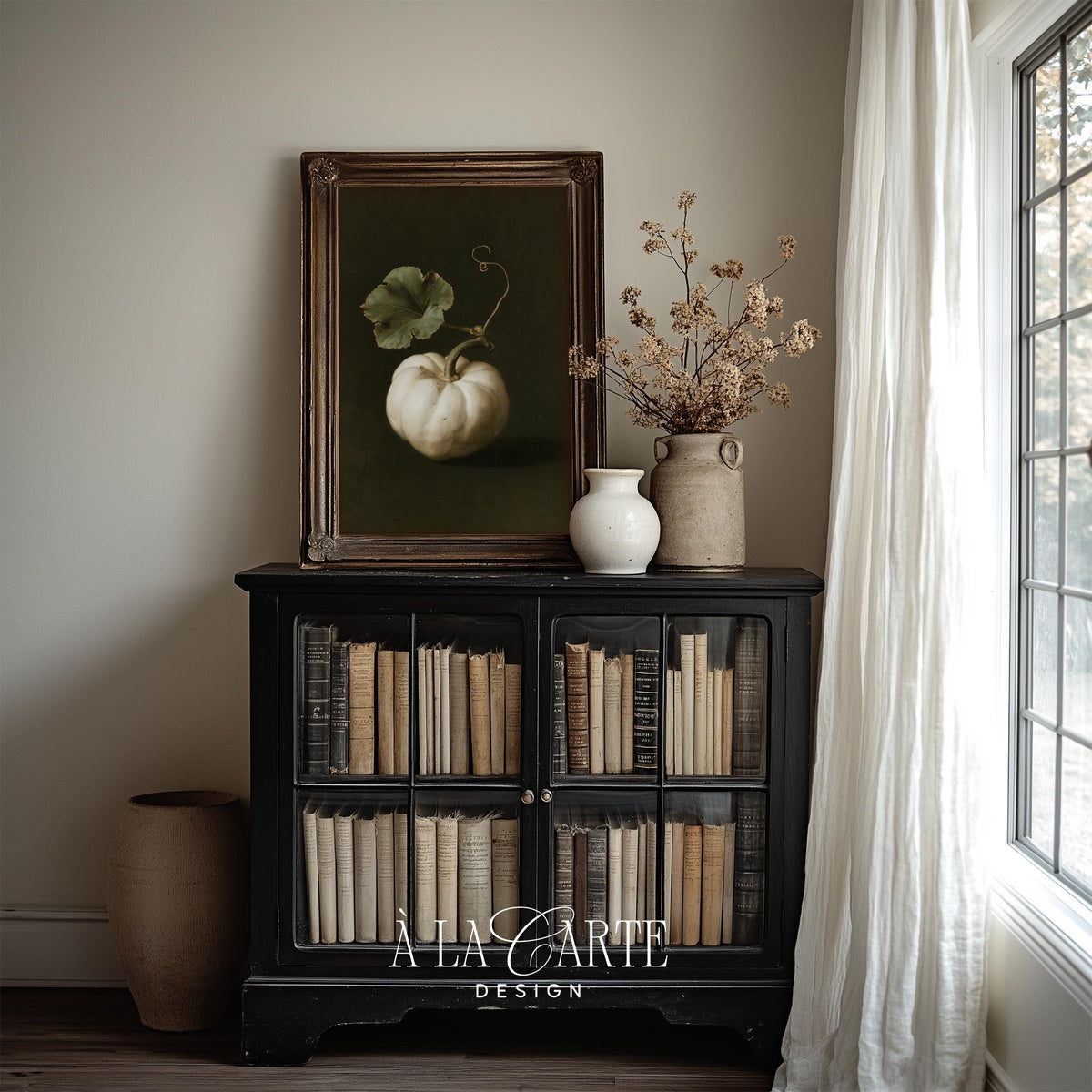 Elegant fall gourd wall art for entryway — refined farmhouse painting with curling stem and sophisticated palette