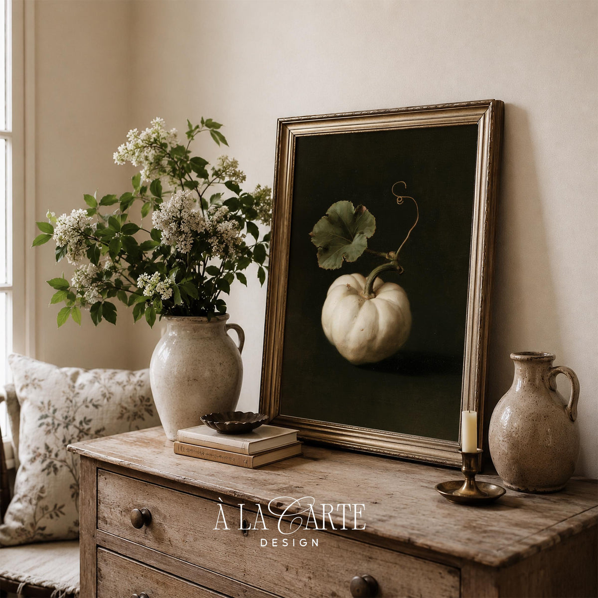 White heirloom pumpkin painting printable art for kitchen — dark moody vintage still life with curling vine