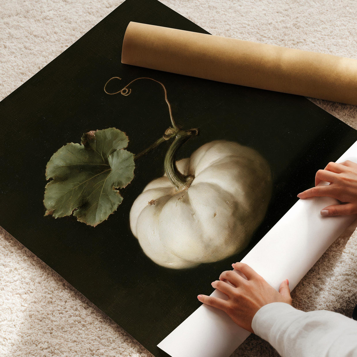 Traditional harvest produce picture printable — vintage oil painting style with trailing vine and shadowed composition