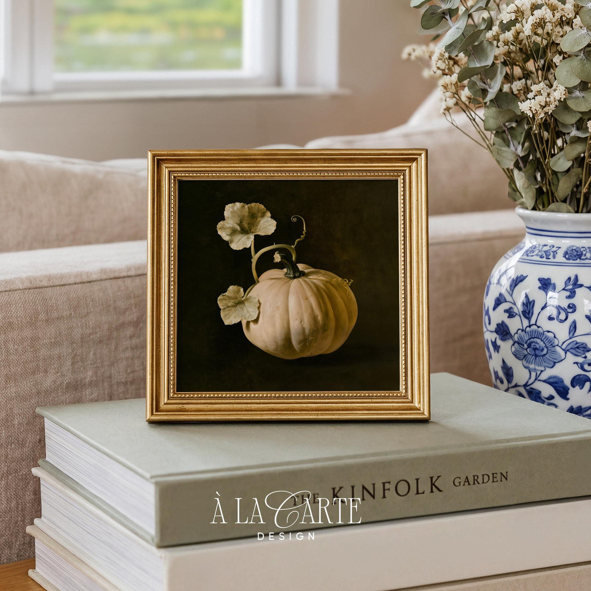 Pale gourd botanical poster — vintage farmhouse painting with shadowy background and organic vine elements