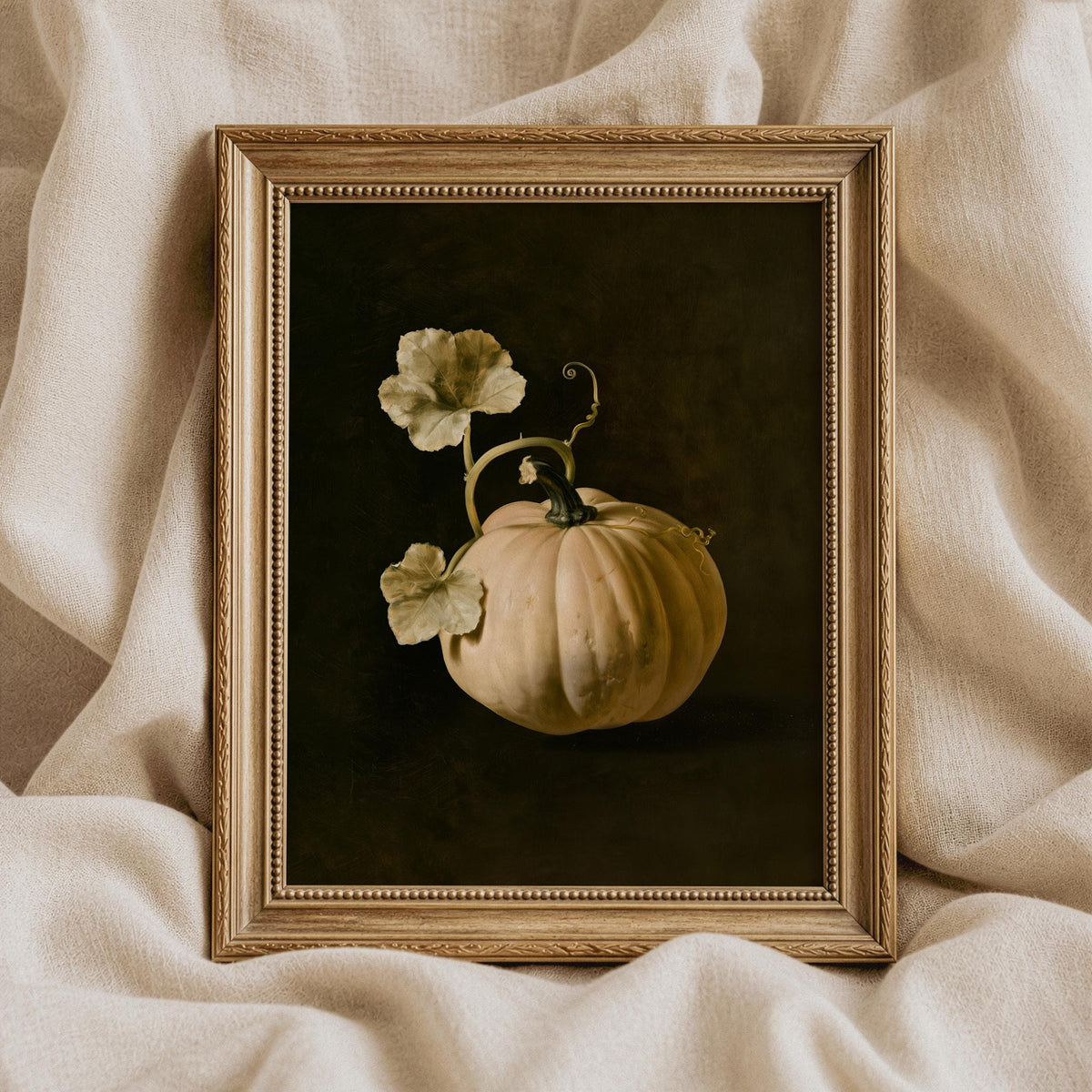 Cream pumpkin with vine tendrils poster — vintage still life painting for fall décor with moody dark academia style