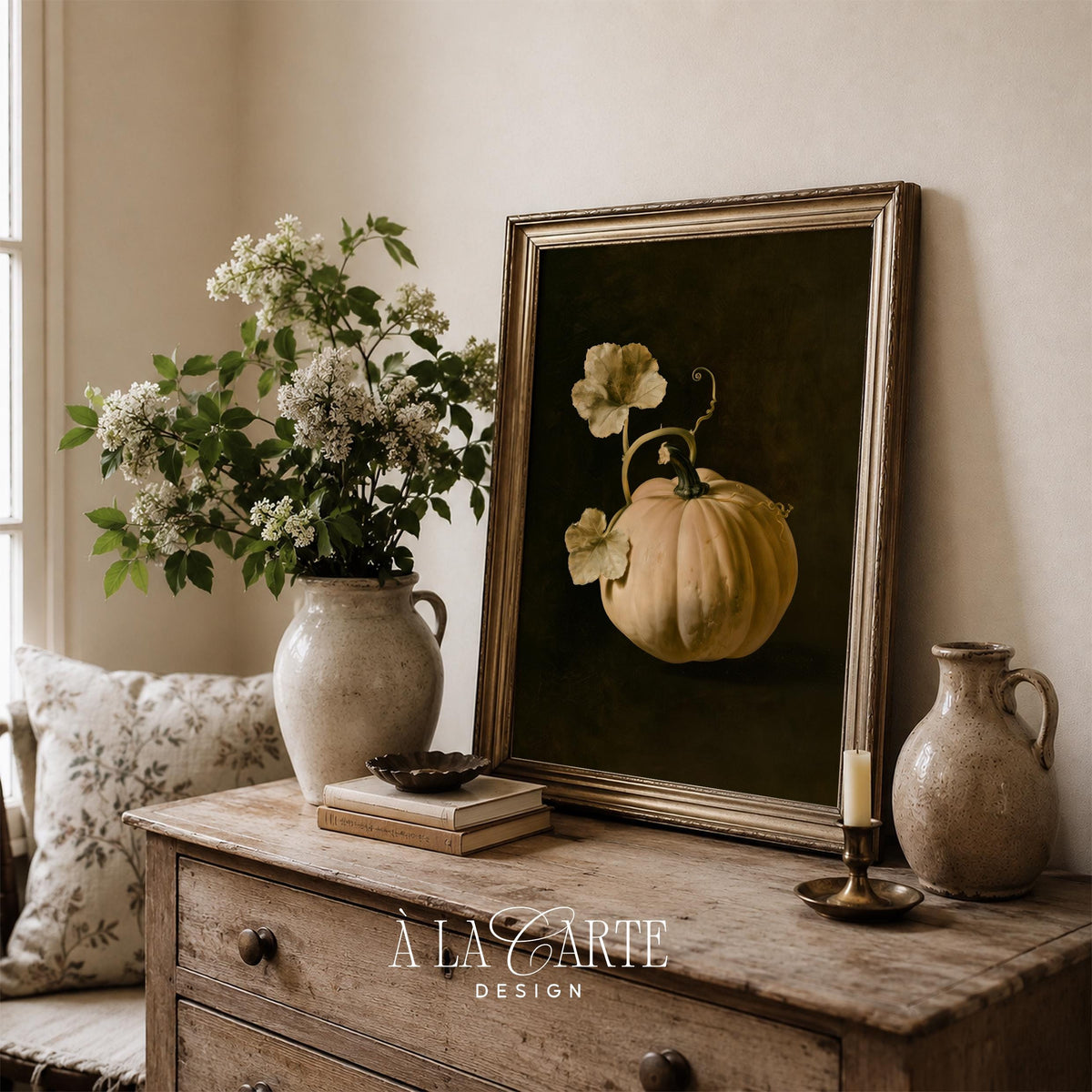 Fall harvest still life digital download — cream-toned squash art with dark academia ambiance for gallery wall