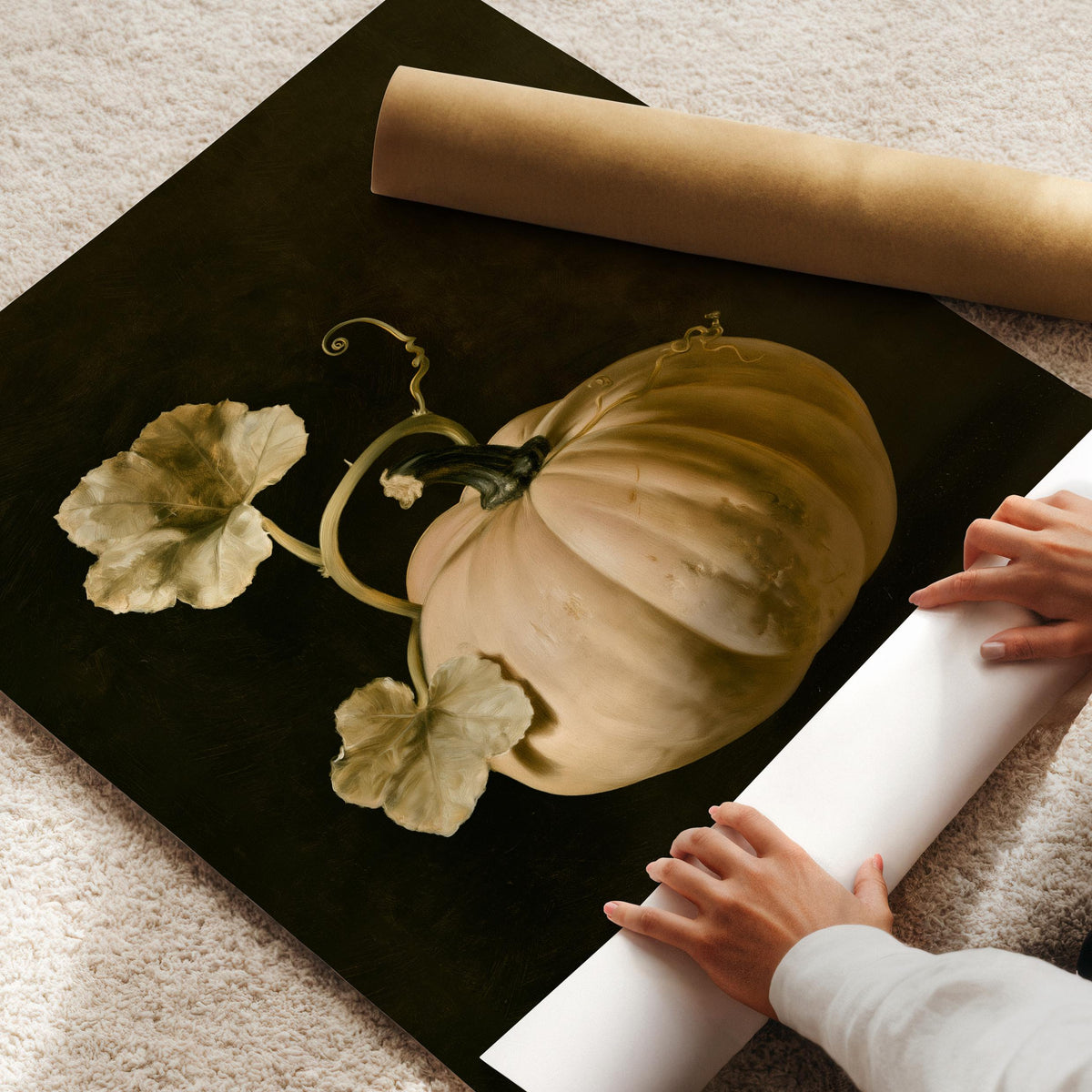Vintage gourd artwork for bedroom — muted earthy palette with curling tendrils and dramatic contrast