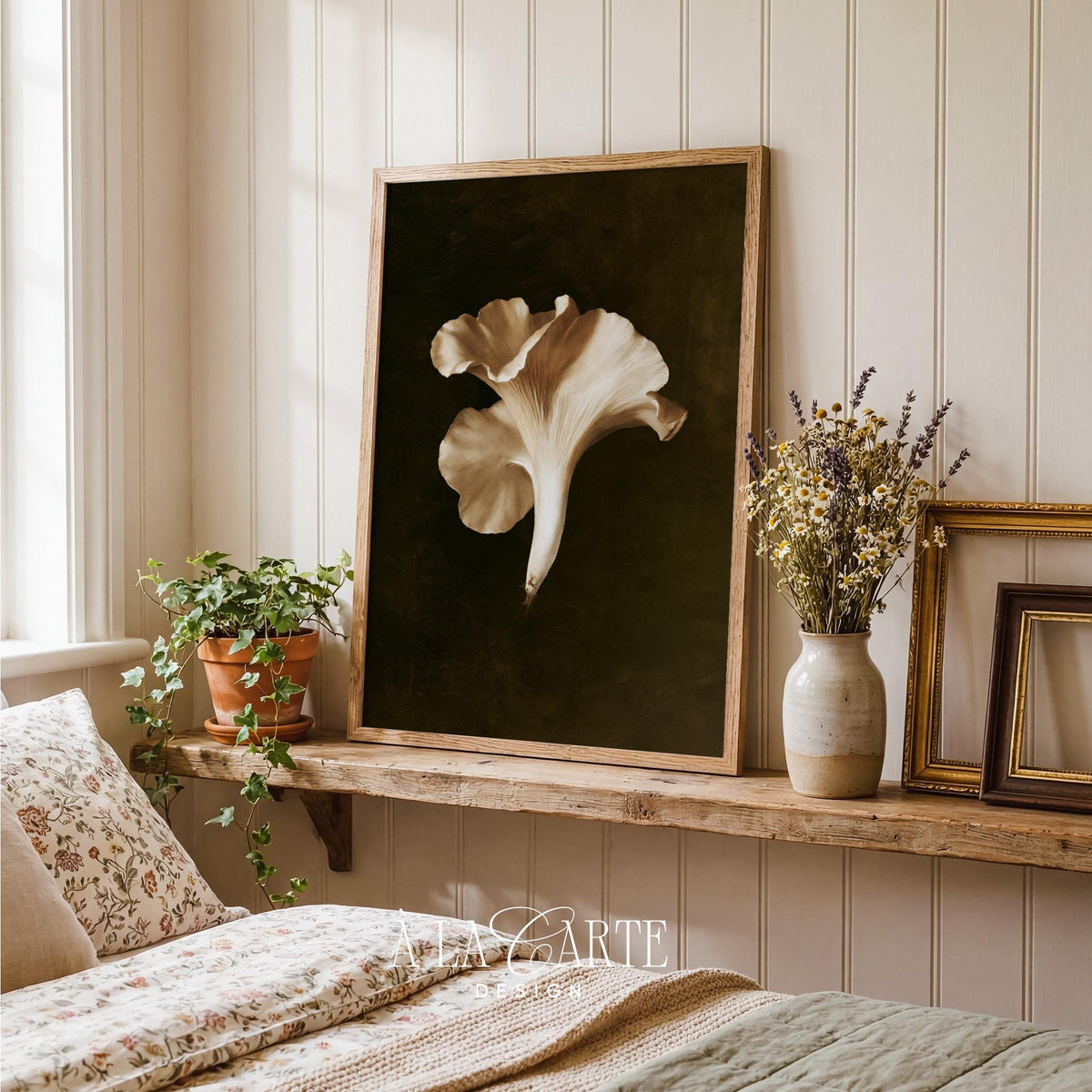 Dark moody mushroom art print for living room — classic botanical rendering with sophisticated earthy palette