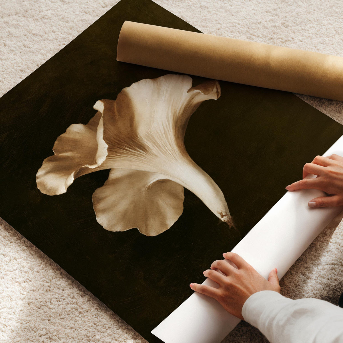Atmospheric mushroom artwork digital download — dark academia aesthetic with refined natural subject presentation