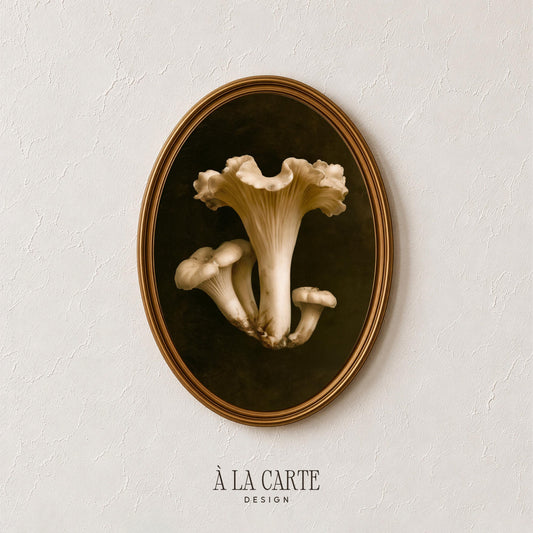 Golden toadstool illustration wall print — farmhouse botanical decor with classical still life approach