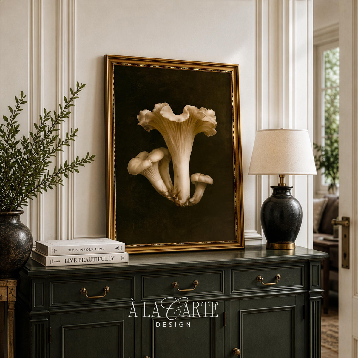 Mushroom still life poster for home gallery — vintage botanical with shadowy classical painting mood