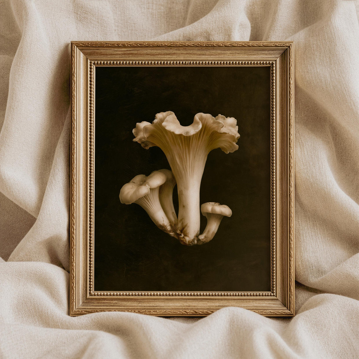 Ruffled mushroom poster printable for farmhouse decor — cozy still life with classical painting style