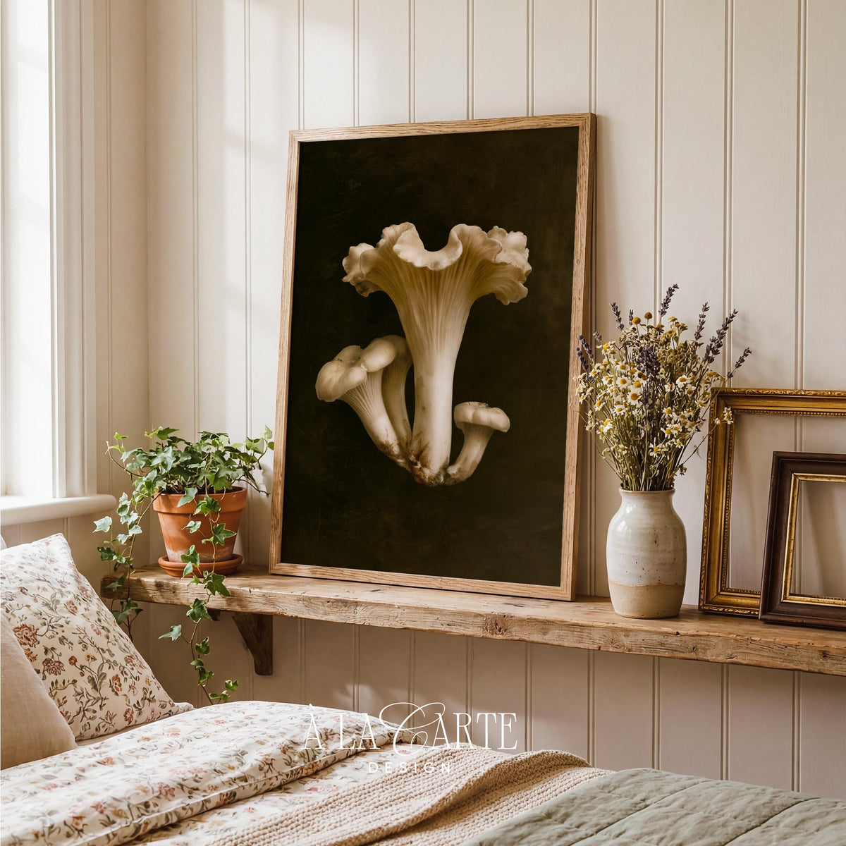 Mushroom botanical print instant download — vintage dark academia wall art with textured brushwork