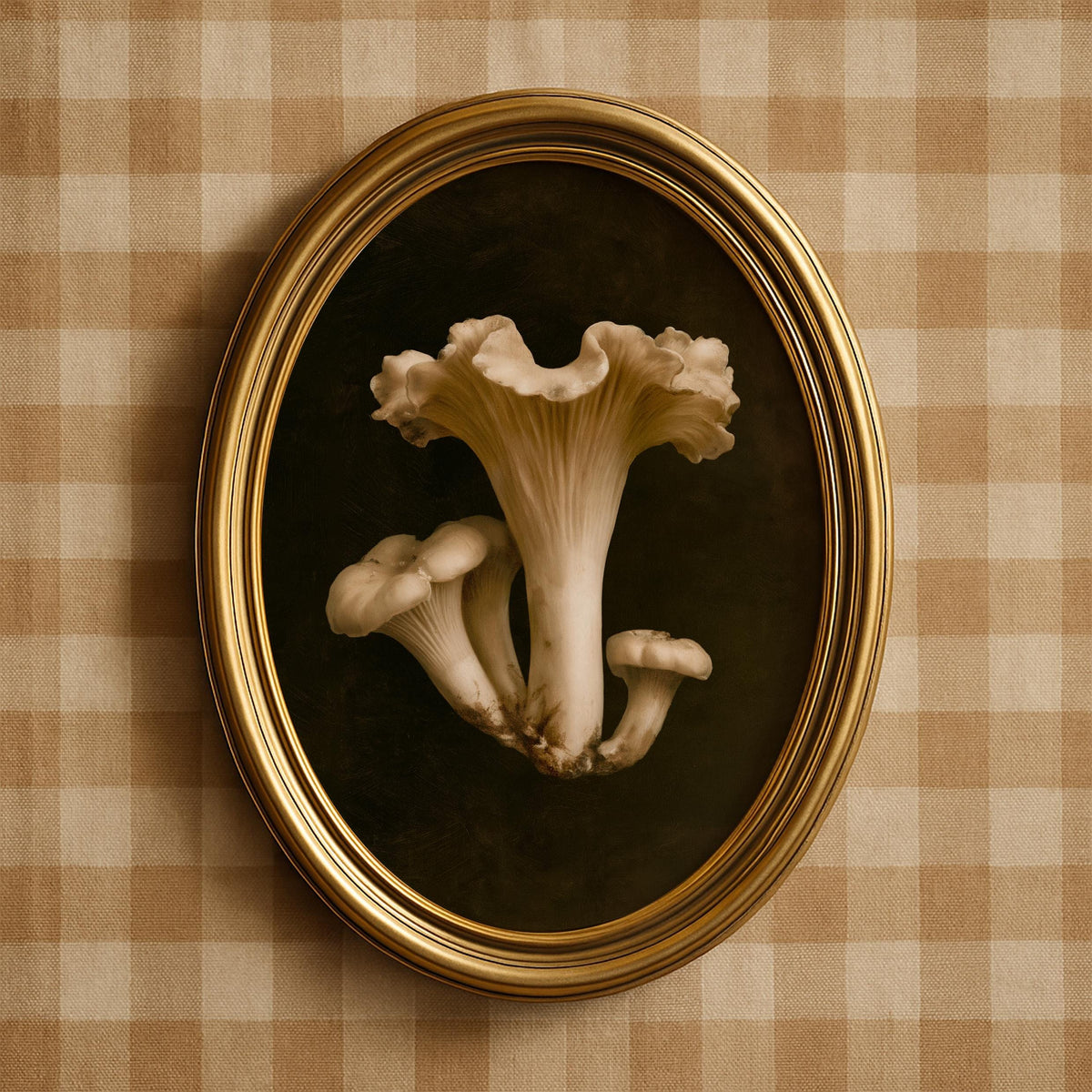 Golden toadstool digital print for kitchen wall — deep black backdrop with textured brushstroke details