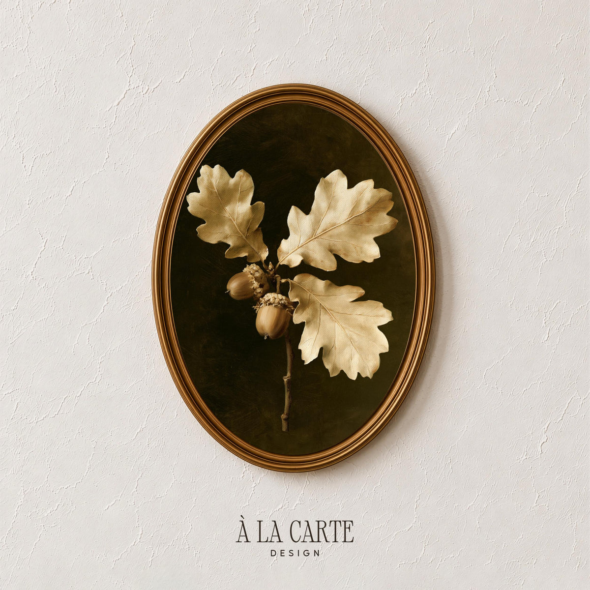 Vintage botanical print featuring oak and acorn — warm highlighted leaves on dark canvas-style wall art