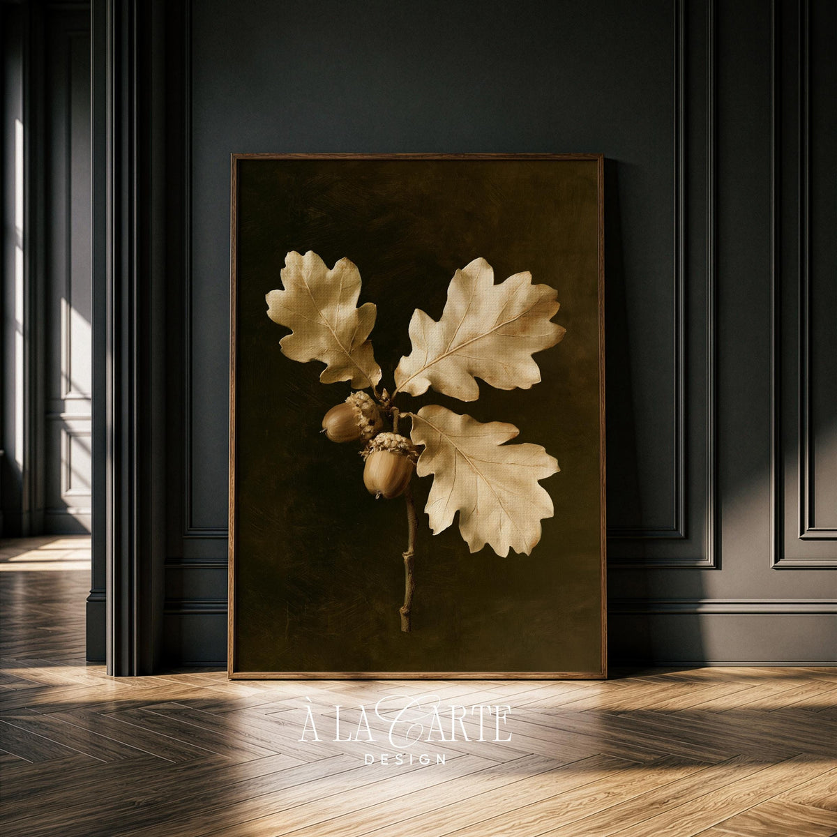 Autumnal botanical wall picture — vintage oil painting style acorn branch with rich dimensional shadows