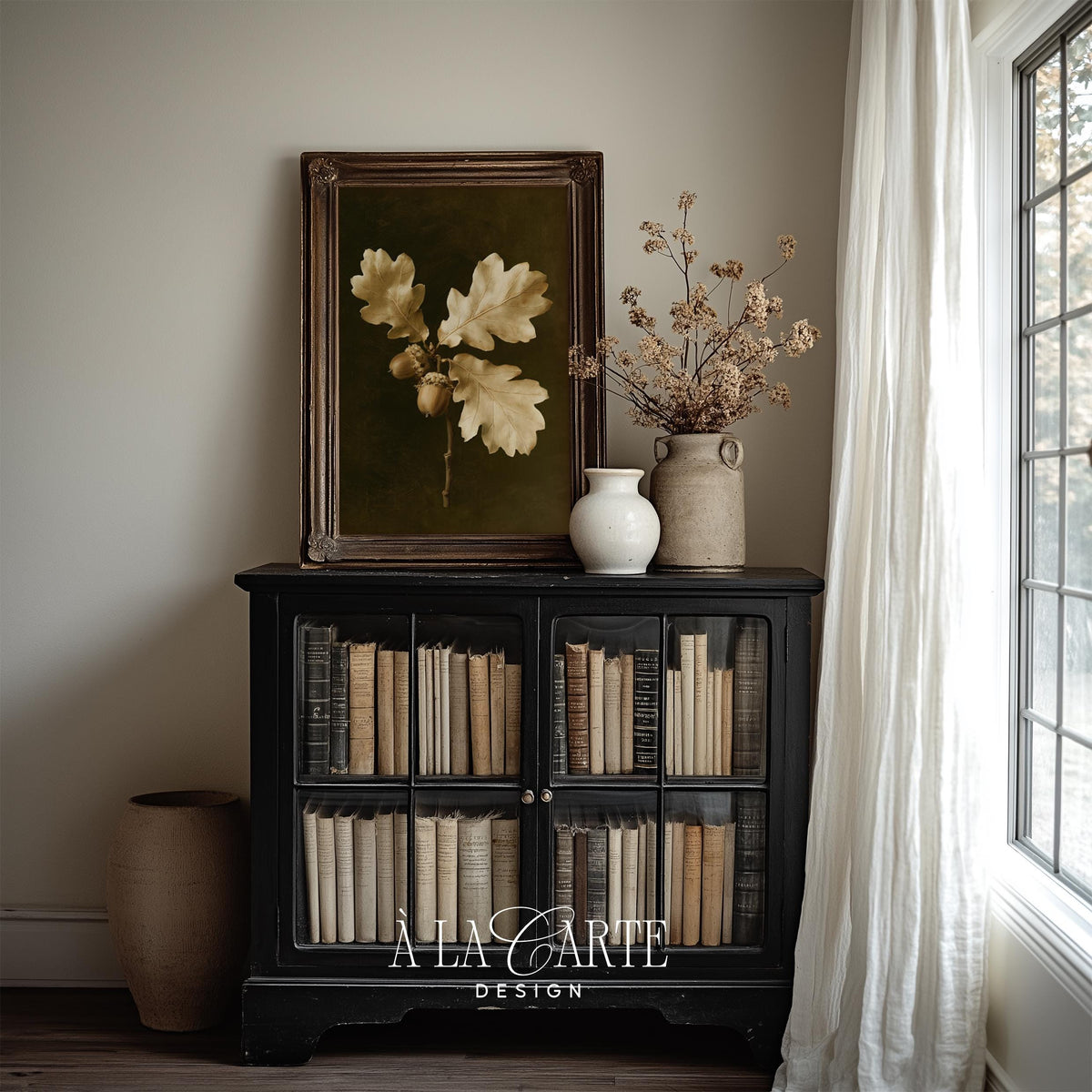 Rustic woodland acorn print for dining room — golden highlights on earthy muted background artwork