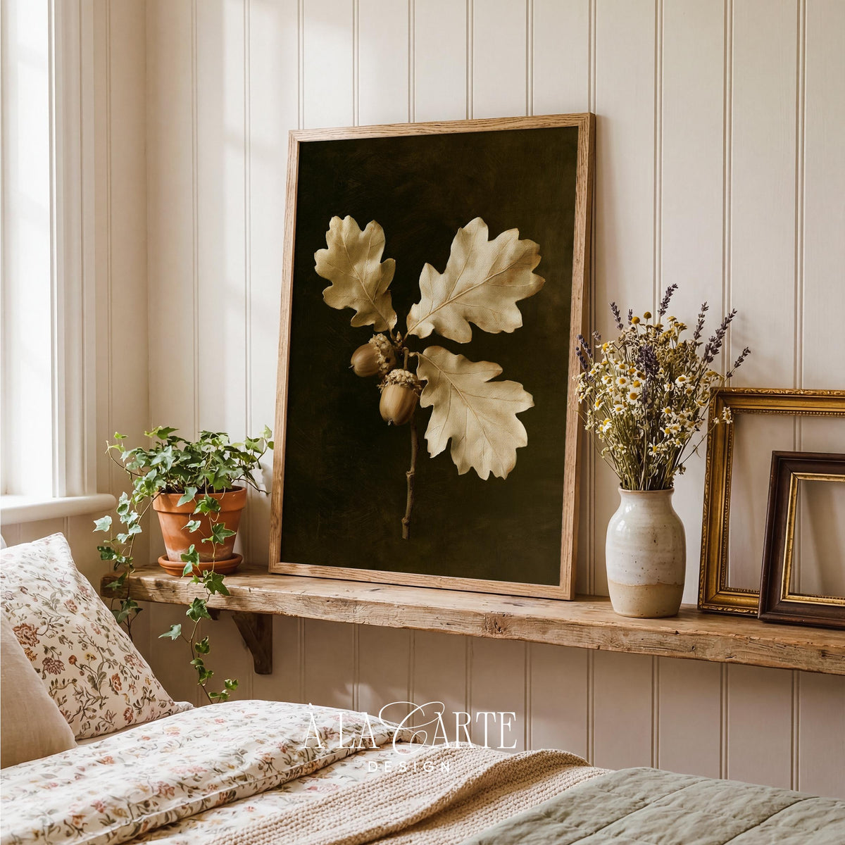 Golden acorn and oak leaf poster wall art for farmhouse — dark rustic still-life painting with rich texture
