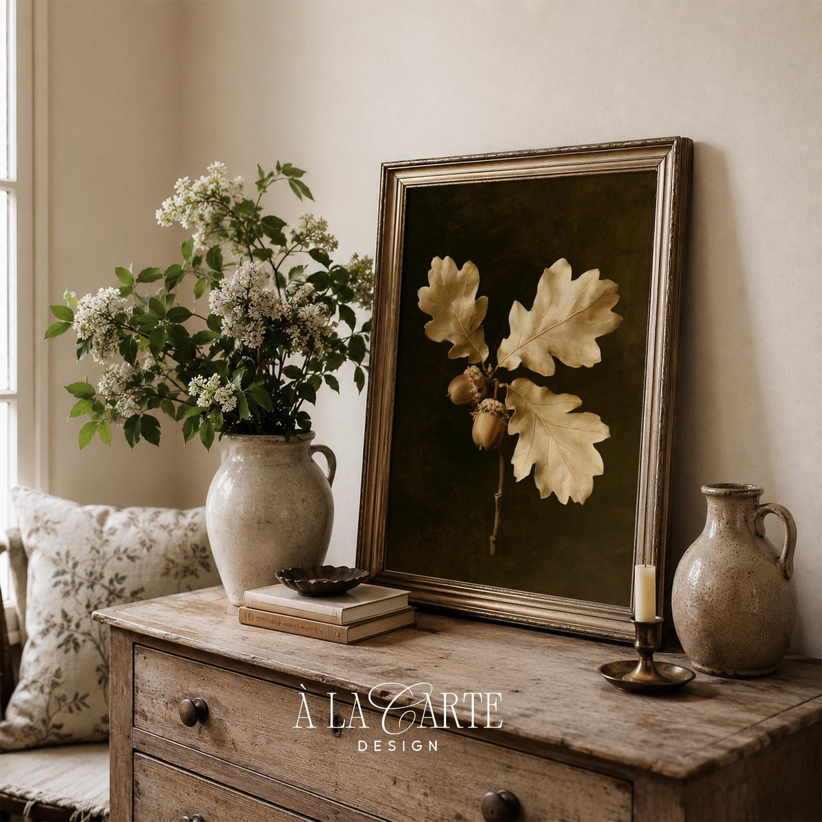 Golden leaf acorn artwork instant download — cozy farmhouse botanical with vintage color palette