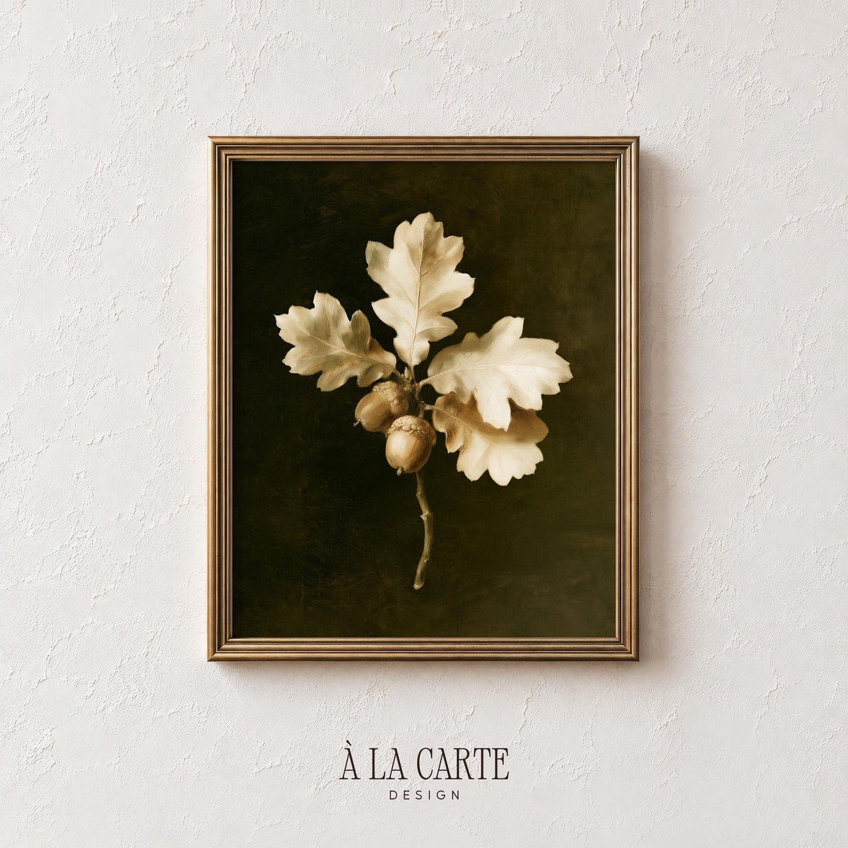 Botanical oak leaf print for dining room — vintage dark green canvas art with golden seed pods