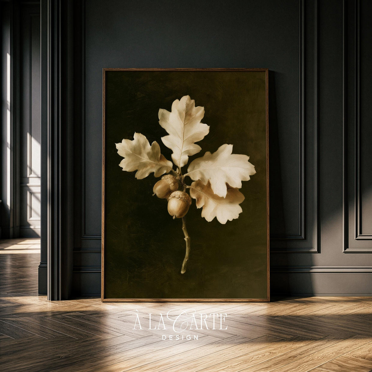 Autumn oak branch artwork printable for gallery wall — vintage still-life botanical with glowing foliage effect