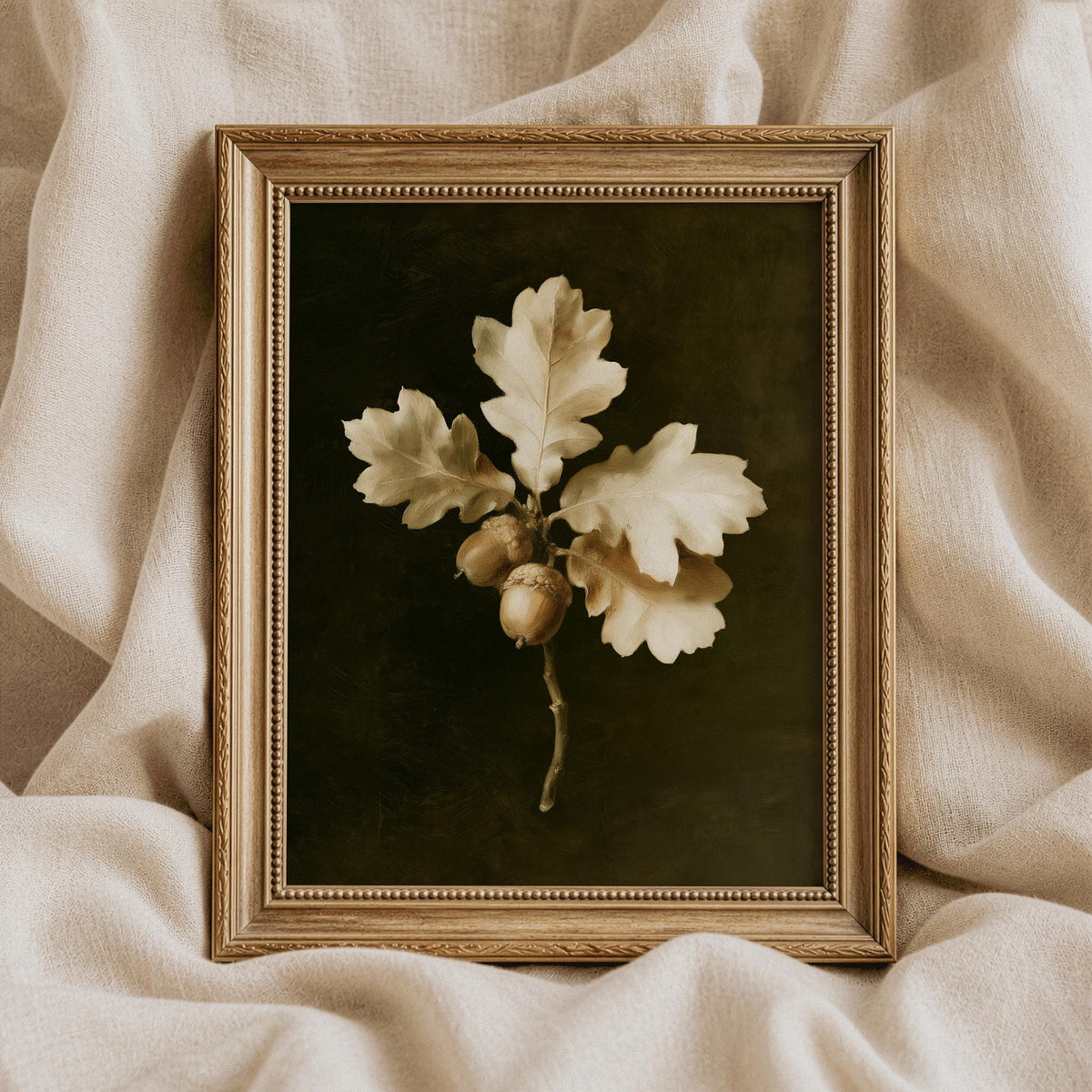 Muted tone botanical picture print for entryway — rustic textured painting of acorn clusters and oak sprigs