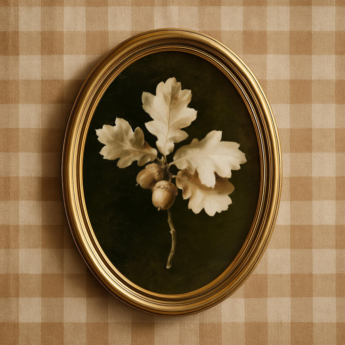 Golden seed pod study print wall art for bedroom — moody vintage botanical with aged brushstroke texture