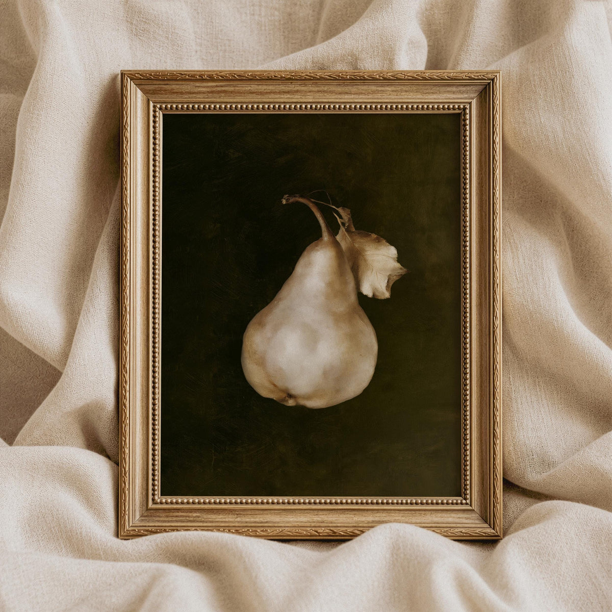Dark romantic pear picture instant download — golden fruit with stem curve on deep forest background