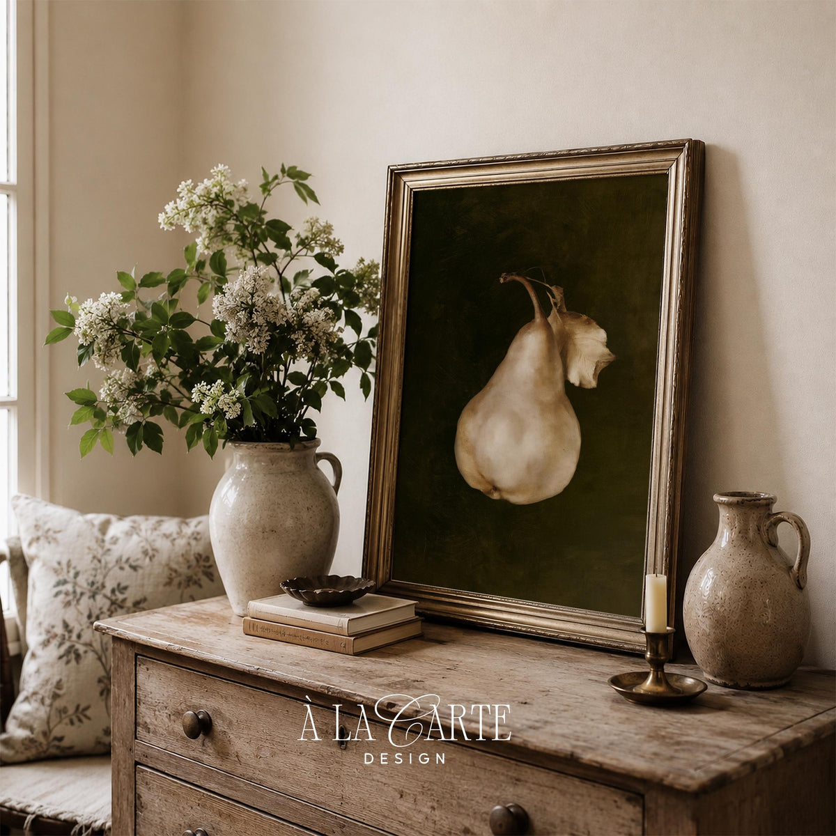 Cottagecore fruit poster printable — delicate pear with dried leaf, museum-inspired rustic charm