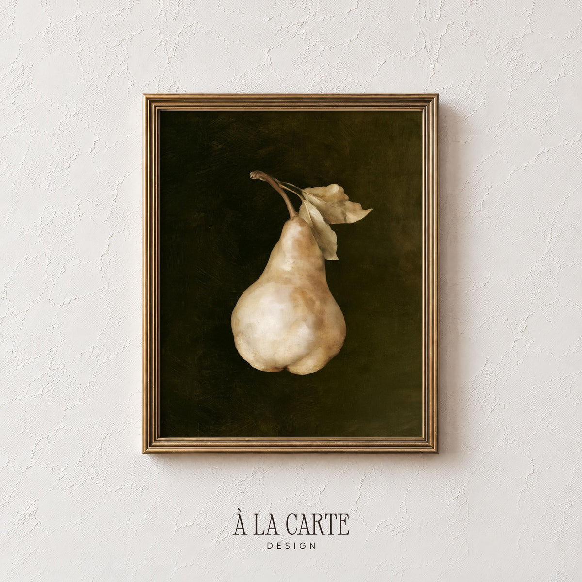 Pear artwork digital download — timeless still life with olive and ochre tones for elegant spaces